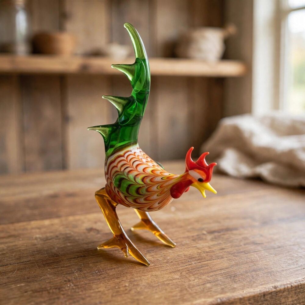 VTG Murano Style Hand Blown Art Glass Rooster Figurine Colorful Farmhouse